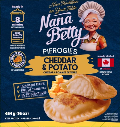 Cheddar & Potato Nana Betty pierogies packaging