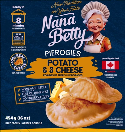 Potato & 3 Cheeses Nana Betty pierogies packaging