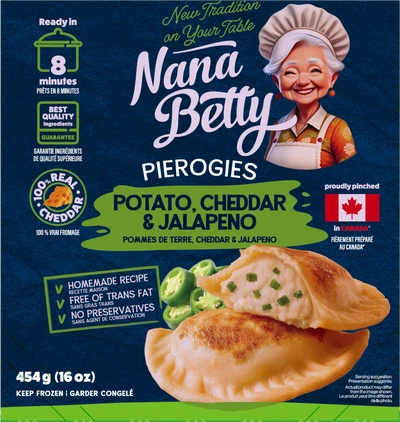 Potato, Cheddar & Jalapeño Nana Betty pierogies packaging